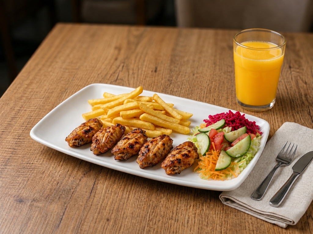 Kids Chicken Wings (5 Wings) with Mediterranean Salad & Fruit Juice
